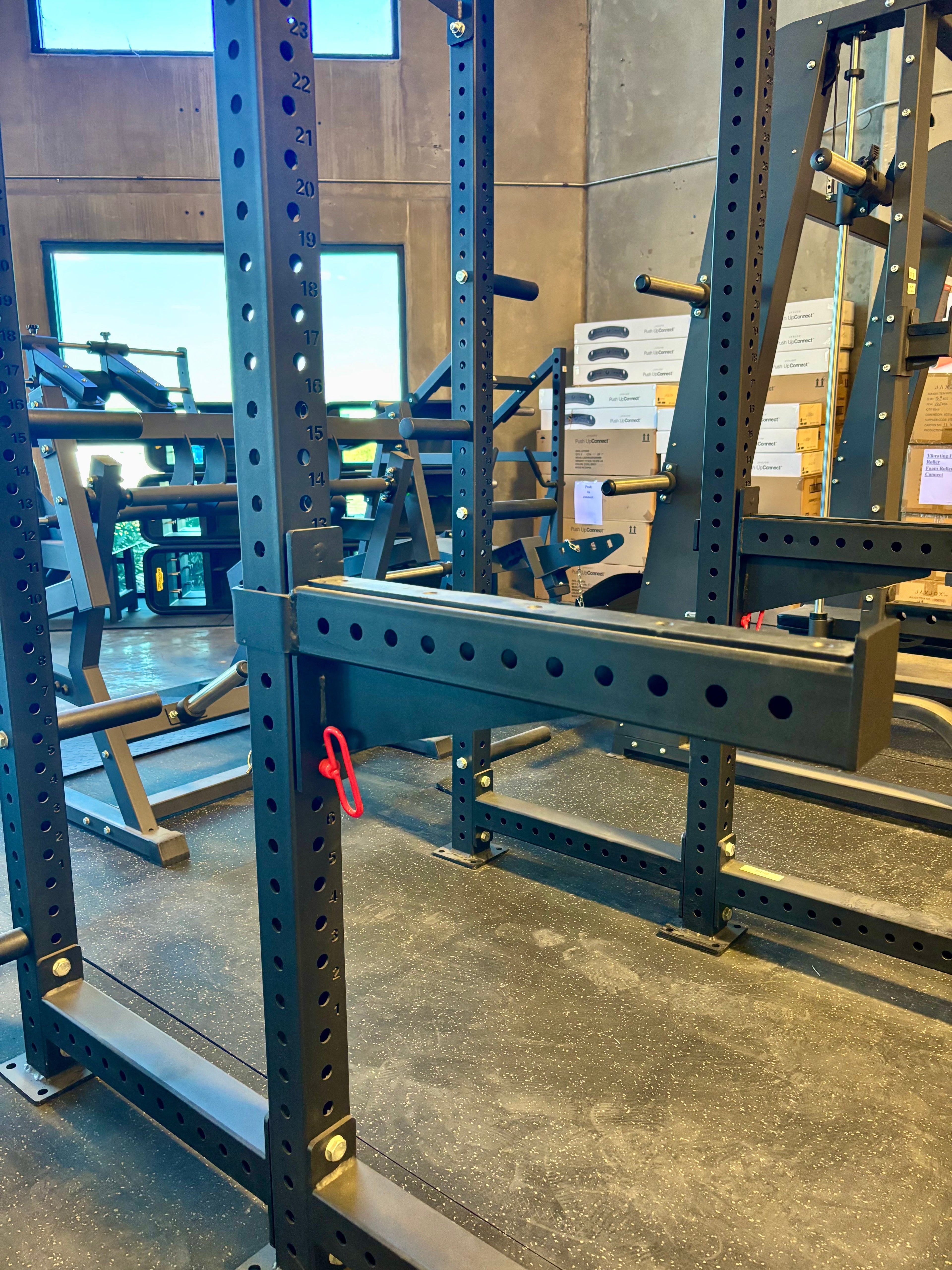 Commercial Squat Rack w/ Safety Bars, J-Hooks & Weight Storage (New)